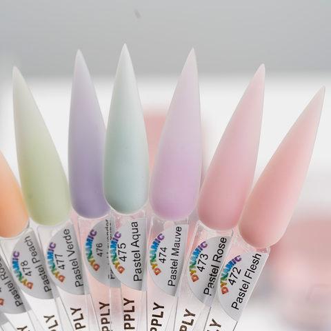 Seven pointed tips in New 2026 Pastel Spring Colors Acrylic Collection, labeled shades, with ombre and buttery soft effect.