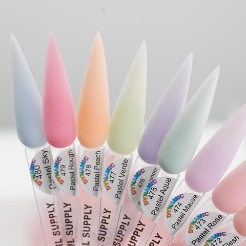 Seven elongated nail swatches in soft hues, each labeled with a shade from the 2026 Pastel Spring Colors Acrylic Collection.