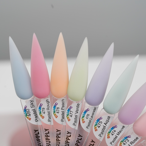 Seven elongated swatches showcase the New 2026 Pastel Spring Colors Acrylic Collection in ombre and buttery shades.
