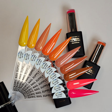 Pointed yellow, orange, and pink swatches beside three Dynamic No-HEMA Gel Polish bottles from the Fall Vibes Collection.