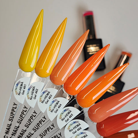 Six faux nails show Dynamic No-HEMA Gel Polish (461-470 Fall Vibes), promoting nail health & fewer allergic reactions.