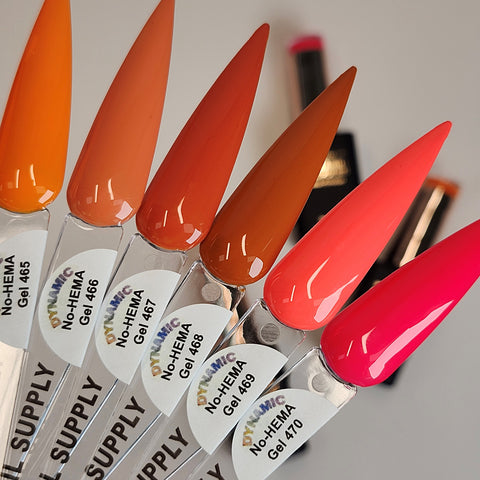 Six orange and pink swatches labeled 461–470, showcasing Dynamic No-HEMA Gel Polish from the Fall Vibes Collection.