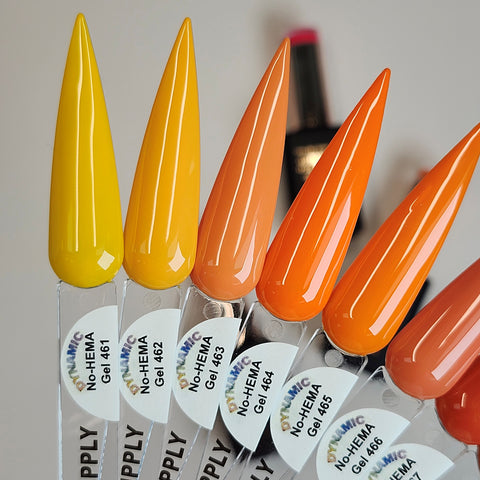Dynamic No-HEMA Gel Polish Fall Vibes 461-470: yellow, orange & peachy-pink swatches for healthy nails.