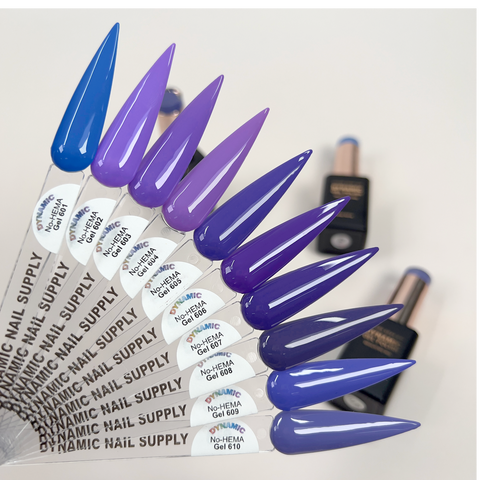 Gradient purple and blue swatches of Dynamic No-HEMA Gel Polish (601-610) show off healthier, HEMA-free nails.