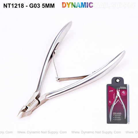 NT1218-G03 5mm Professional Stainless Steel Cuticle Nippers, open with retail packaging visible in the corner.