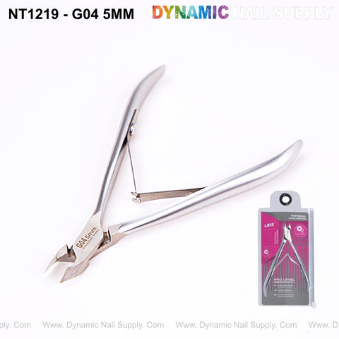 NT1219 - G04 5mm stainless steel cuticle nippers, pro manicure tool; packaging shown lower right.