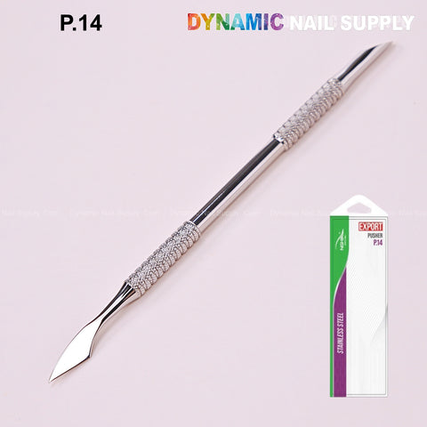 P-14 Professional Double-Function Cuticle Pusher (Oval & Axe) with textured grip, beside white and green packaging.