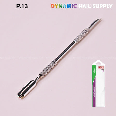 P-13 Professional Double-Function Cuticle Pusher: stainless steel, textured grip, double-ended, shown beside packaging.