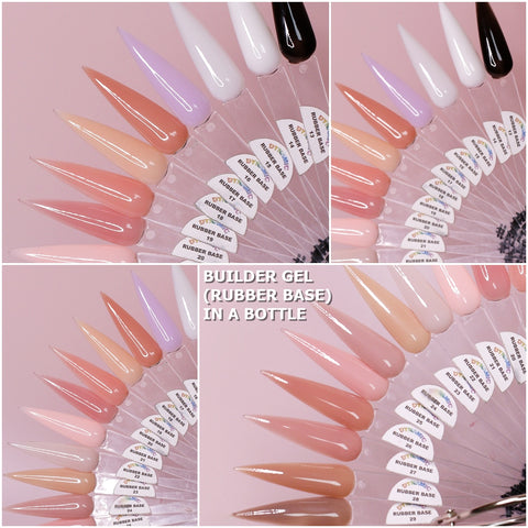 Displayed in a fan shape are elongated stiletto nail samples featuring shades of nude, pink, and white. Each sample is labeled at the base to exhibit the quality of Dynamic Nail Supply. At the center, text reads "(BIAB) Rubber Base Gel (Builder Gel in a Bottle) Number 13 to 29 Collection," emphasizing this premium Nail Gel Polish option.