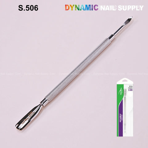 S-506 Pro Cuticle Pusher: Spoon head & pointed tips, stainless steel, on light background with packaging shown.