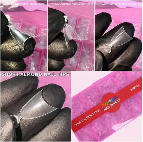 Collage of Short Almond Nail Tips. Three images showcase a gloved hand holding a clear tip against a pink background, highlighting its flexible material. Another image presents a boxed set labeled "Short Almond Nail Tips - Half Cover - 600 pcs 12 sizes (Short Stiletto)" from Dynamic Nail Supply.