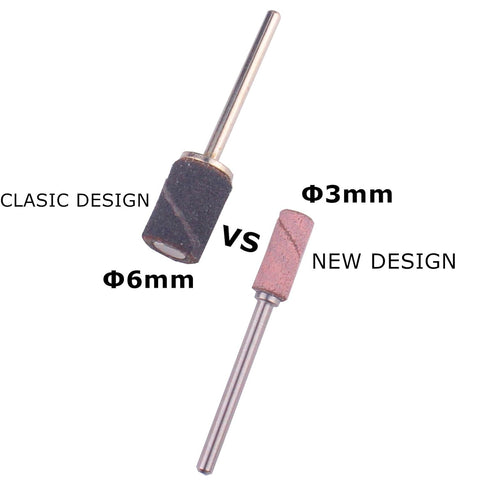 Image displaying a side-by-side comparison of two sanding drill bits. On the left, a cylindrical black sanding bit branded as CLASIC DESIGN Φ6mm from Dynamic Nail Supply. On the right, a tapered pink sanding bit labeled NEW DESIGN Φ3mm. The word "Vs" is featured between them, emphasizing their high-quality features for precise work and how they integrate with the Easy-Off Sanding Band Mandrel for quicker band removal.