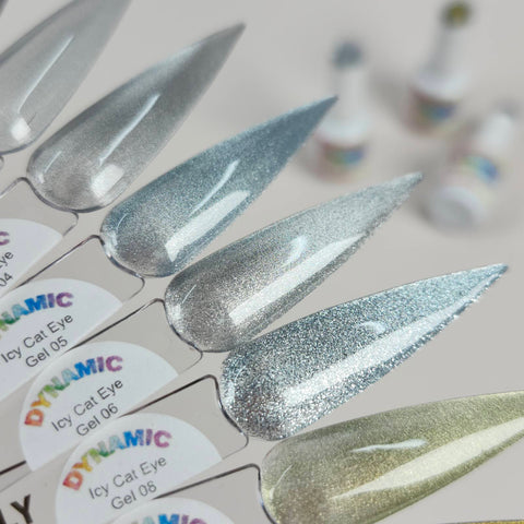Five pointed nail swatches in blue, gold, and Icy Cat Eye Gel #06 Reflective Magnetic Silver Shimmery Gel Polish.