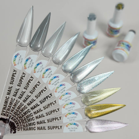 Seven metallic gel colors, including Icy Cat Eye Gel #06, are displayed above three blurred nail polish bottles.
