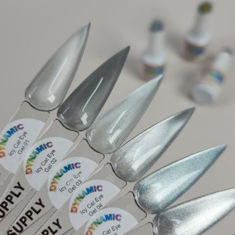 Five gel nail swatches in silver and gray shades, featuring Icy Cat Eye Gel #06 Magnetic Silver Polish in the background.