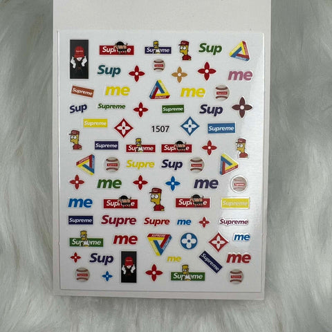 Discover the Logo Sticker for nails art design - 1507 - Colorful from Dynamic Nail Supply. This vibrant collection features a variety of logos, including Supreme and Me, in diverse fonts and colors. With designs ranging from cartoon characters to flowers and geometric shapes, these stickers are neatly arranged in rows with various styles and sizes, making them perfect for creative nail art applications.