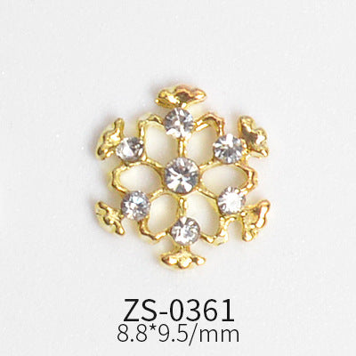 A gold snowflake-shaped charm, featuring six points each adorned with a small clear gemstone and a larger center gemstone, is ideal for fans of Dynamic Nail Supply. Below it, the product code ZS-0361 and dimensions 8.8*9.5/mm are displayed in black on a white background—perfect for winter and Christmas nail art designs using the 24pcs Snowflake Charms collection!