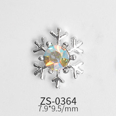 The set of 24 metallic snowflake charms for winter and Christmas nail art designs, identified as ZS-0364, feature a faceted iridescent gem at the center and measure 7.9*9.5 mm. Offered by Dynamic Nail Supply, these charms enhance any nail shape and are presented on a simple white background.