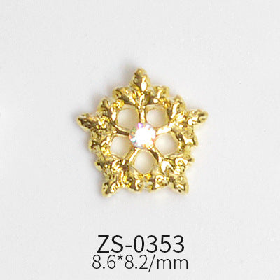 This intricate snowflake charm from Dynamic Nail Supply is designed with a central hole and textured leaf-like patterns, featuring a sparkling white gem in the center. Perfect for creative winter and Christmas nail art designs, it comes in sets of 24 pieces. The product is identified as ZS-0353, with dimensions of 8.6*8.2 mm displayed.