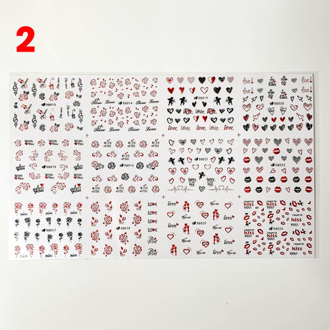 Valentines stickers (12 styles/per sheet) for nails art design - (shapes: diamond, jewelry, heart, Eiffel Tower, lips)