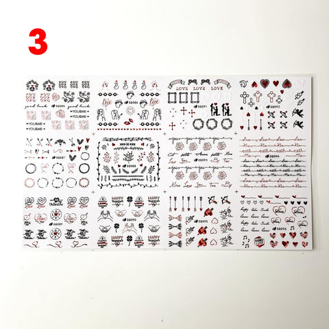 Valentines stickers (12 styles/per sheet) for nails art design - (shapes: diamond, jewelry, heart, Eiffel Tower, lips)