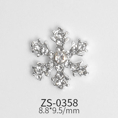 A glittering, silver embellishment in the shape of a snowflake, adorned with small crystals crafted by Dynamic Nail Supply. The design features six symmetrical arms. Below it, "ZS-0358" and the dimensions "8.8*9.5 mm" are displayed in black font on a white background, making it ideal for enhancing your nail designs with flair—part of the 24pcs Snowflake Charms for Winter and Christmas nail art collection by Dynamic Nail Supply.