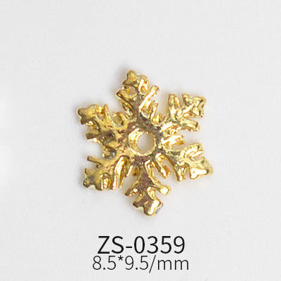 A gold snowflake-shaped embellishment from Dynamic Nail Supply, featuring a central hole and intricate, symmetrical details on each of its six arms. The model number ZS-0359 and dimensions 8.5*9.5 mm are printed below in black text. These are perfect for creative nail designs, coming in sets of 24 pieces as part of the "Snowflake Charms for Winter and Christmas nails art design" collection.