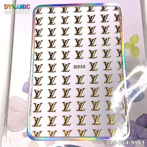 The NAIL ART DESIGN STICKER - D038 from Dynamic Nail Supply showcases a sheet filled with repeating gold LV logos arranged in rows on a white background, enhanced by a shiny holographic border. Ideal for nail art enthusiasts, it displays "Dynamic Nail Supply" in colorful letters at the top left and includes the code "D038" along with the phone number 346-714-9983 at the bottom right.