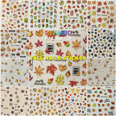 A collage of diverse fall-themed nail sticker sheets displays designs such as leaves, pumpkins, acorns, and flowers in autumn colors. Each sheet bears a code and showcases the Dynamic Nail Supply logo along with the text "FALL Nail Designs Stickers for Fall Season 2021," celebrating stunning fall nail designs.