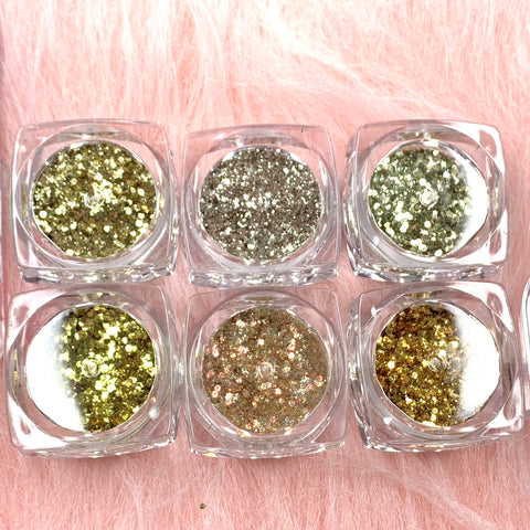 Champagne Gold Mix-sizes Metallic Sequin Glitter for Christmas Nails (set of 6 jars / 6 gram)