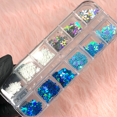 Multi-shapes Christmas Sequins and Glitters for Nail Art design (Blue silver holographic, Tree, Stars, Snowflakes)