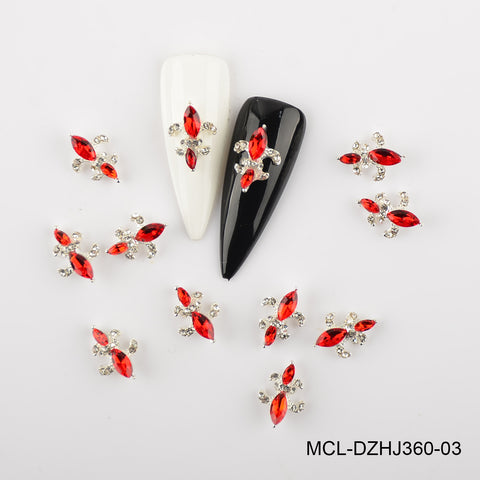20pcs Saint Fleur De Lis charms in 12 colors arranged around black and white nail tips, code MCL-DZHJ360-03.