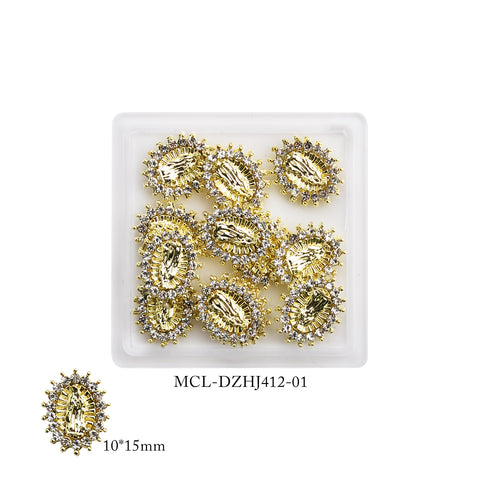A white square dish showcases eight gold-colored oval embellishments, reminiscent of Virgin Mary charms, featuring intricate patterns and silver-beaded edges. An enlarged version is displayed for detailed view. The dimensions are 10*15mm, and the product code is MCL-DZHJ412-01 from Dynamic Nail Supply, under the name "(Small version) 12 pcs bag Virgin Mary charms for Religious nails design.