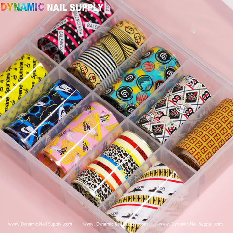 The Nail Art Design Foils - Luxury Style by Dynamic Nail Supply come in a clear plastic organizer with 12 compartments. Featuring luxurious designs such as logos, animal prints, abstract shapes, and vibrant motifs, this set is perfect for those who adore high-end style.