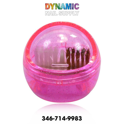 The MJ2170 Nail Drill Brush Portable Cleaning Accessory features a pink, speckled transparent circular container with a domed lid that elegantly displays a set of nail brushes and a Nail Drill Brush. The top is adorned with the Dynamic Nail Supply logo in colorful letters, while the number 346-714-9983 is printed below, creating a chic and convenient cleaning accessory.