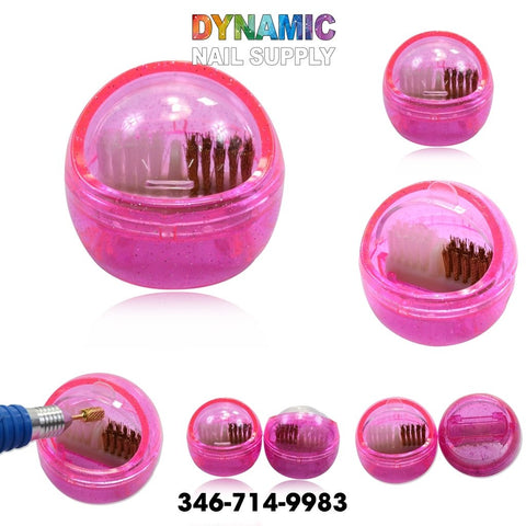 The MJ2170 Nail Drill Brush Portable Cleaning Accessory by Dynamic Nail Supply is a pink, glossy, spherical nail brush cleaner that highlights its bristles inside. It comes with smaller images showing it from various angles and a close-up demonstrating a tool cleaning the bristles. The text "DYNAMIC NAIL SUPPLY" appears at the top, with the phone number 346-714-9983 listed below, making it perfect for any nail drill brush setup.