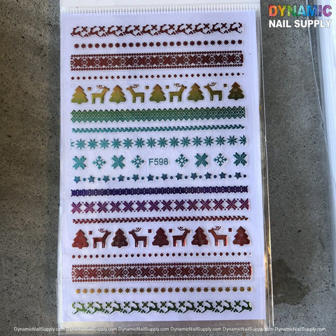 The NAIL ART STICKERS - CHRISTMAS NAILS STICKER - F598 by Dynamic Nail Supply showcase festive designs, including Christmas trees, reindeer, snowflakes, and stars with a color transition from green to red. The top right features the Dynamic Nail Supply logo prominently, adding a touch of seasonal charm to these delightful nail stickers.