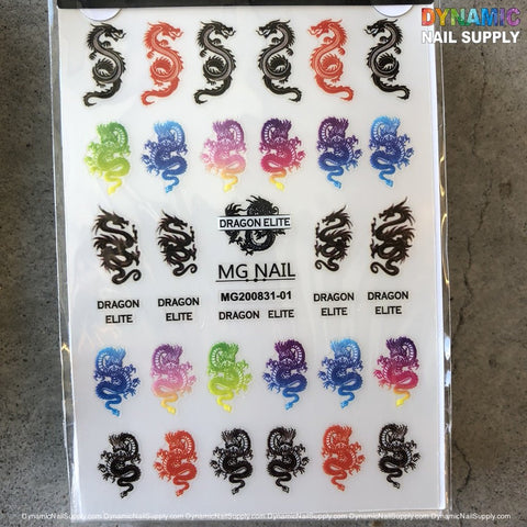 The NAIL ART STICKERS - DRAGON STICKERS - SNAKE STICKER - MG200831-01 by Dynamic Nail Supply includes a variety of dragon-themed designs in black, red, blue, purple, green, and orange. The sheet features the text DRAGON ELITE and MG NAIL among its designs and displays the Dynamic Nail Supply logo in the top right corner. Perfect for creative Dragon Stickers enthusiasts!