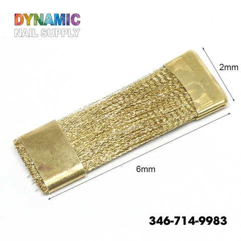 Close-up image of a QH0600 Copper Wire Brush, featuring fine bristles and measuring 2mm by 6mm. The brush, resembling a drill bit with rectangular ends, is set against a plain white background. At the top, "Dynamic Nail Supply" is displayed in colorful letters with the phone number 346-714-9983 below.