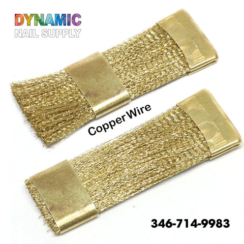 Two bundles of QH0600 copper wire are showcased against a white background. They are neatly organized and secured with metal bands, hinting at their versatility for use alongside tools like a brush for cleaning drill bits. The "Dynamic Nail Supply" brand name is positioned at the top left corner, and the contact number 346-714-9983 appears at the bottom right. The label "Copper Wire" is placed near the upper bundle.