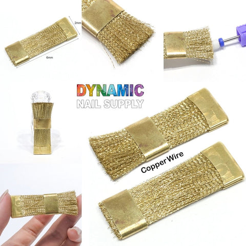 A collage showcasing the QH0600 Copper Wire Brush for Nail Drill Bit Cleaning by Dynamic Nail Supply is displayed, highlighting various angles and sizes with measurements of 2mm and 6mm. The central text reads "DYNAMIC NAIL SUPPLY." The image includes detailed close-ups of the brush bristles designed specifically for cleaning, along with a hand holding one brush to provide scale, making it an ideal accessory for drill bits.