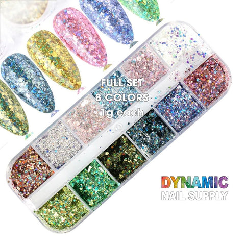 QH15060 SET 11 Holographic Nail Art Glitter Set Powder - Dynamic Nail Supply