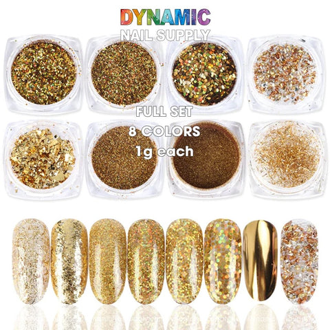 The QH15060 SET 15 by Dynamic Nail Supply features eight containers filled with shiny gold and bronze holographic glitter powder, showcasing their dazzling effects on nails. This Glitter Set includes a full array of 8 colors, each weighing 1g, offering a unique variety of textures from fine powder to chunky pieces, perfect for Holographic Nail Art enthusiasts.