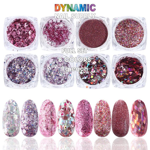 Image showcasing the QH15060 SET 17 Holographic Nail Art Glitter Set Powder by Dynamic Nail Supply, featuring a set of eight containers filled with vibrant pink and purple nail glitters. Below, sample nails display stunning nail art, illustrating glitter application with diverse textures and patterns such as chunky glitter and captivating holographic designs.