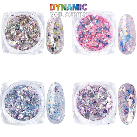 Dynamic Nail Supply's QH15060 SET 19 Holographic Nail Art Glitter Set Powder features a vibrant assortment of nail art glitter for creative designs.