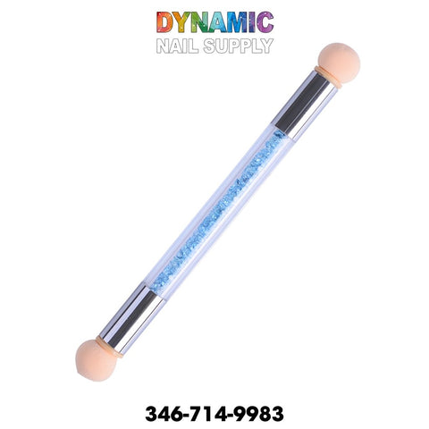 Introducing the QH9280 Gradient Glitter Powder Nail Brush Sponge Double Head Dotting Pen Manicure Tool from Dynamic Nail Supply. This dual-ended nail tool features sponge tips and a transparent middle section filled with tiny blue beads, making it ideal for applying Gradient Glitter Powder. It is showcased on a white background with the vibrant Dynamic Nail Supply logo above and contact number 346-714-9983 below. Additionally, it serves as an effective dotting pen.