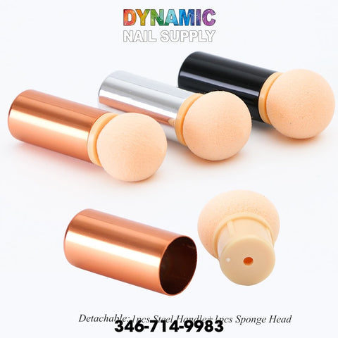 A trio of nail art sponge tools is showcased next to a stylish nail brush and dotting pen, all equipped with metal handles in copper, silver, and black. The detachable round beige sponges are prominently featured. The name "Dynamic Nail Supply" along with the contact number are displayed above and below.