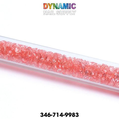A clear tube containing small, shiny pink crystals is displayed against a white background. At the top, "Dynamic Nail Supply" is written in colorful letters, and below it, "QH9280 Gradient Glitter Powder Nail Brush Sponge Double Head Dotting Pen Manicure Tool" along with the phone number 346-714-9983 are prominently featured.