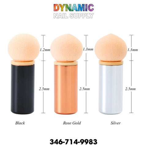 Displayed against a white background are three QH9280 Gradient Glitter Powder Nail Brush Sponge Double Head Dotting Pens by Dynamic Nail Supply. These nail art brushes feature round beige sponge tips with sizes of 1.2mm or 1.3mm, and metal handles available in black, rose gold, or silver labeled at 2.5mm each. Ideal for creating gradient glitter effects or for use as a dotting pen, the brand's name and contact information are prominently shown above and below the products.