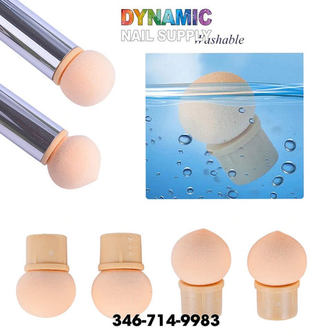 The image depicts the QH9280 Gradient Glitter Powder Nail Brush Sponge Double Head Dotting Pen Manicure Tool from Dynamic Nail Supply, featuring sponge tools with rounded tips on silver handles. A close-up showcases one of the sponges submerged in water with bubbles. The bottom row highlights both sides of two sponge tips next to a dotting pen. Text includes "DYNAMIC NAIL SUPPLY," "washable," and the contact number, 346-714-9983.